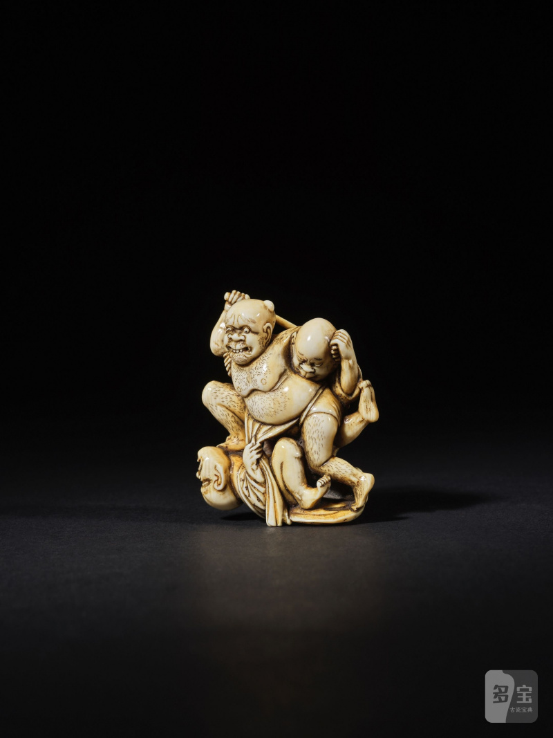 象牙彫根付 坊主の喧嘩 銘「是楽」 19世紀 | NETSUKE EN IVOIRE REPRÉSENTANT TROIS AVEUGLES SE BATTANT - 图4